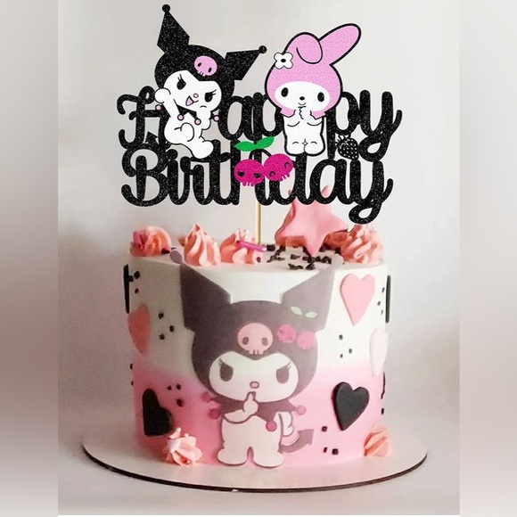 Cute Kawaii Kuromi Melody Glitter Black Cake Topper Happy Birthday - Picture 1 of 6
